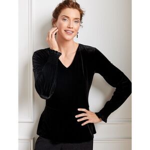 J.Crew Women Black Velvet V-Neck Long Sleeve Peplum Blouse size 4